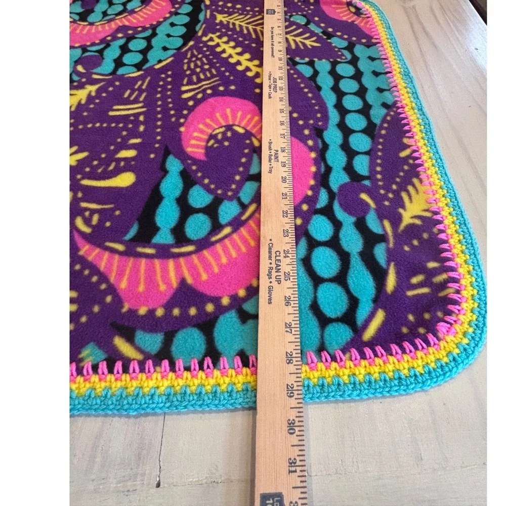 Handmade Fleece‎ Baby Blanket Purple Pink Teal Abstract Print Crochet Trim 29x25